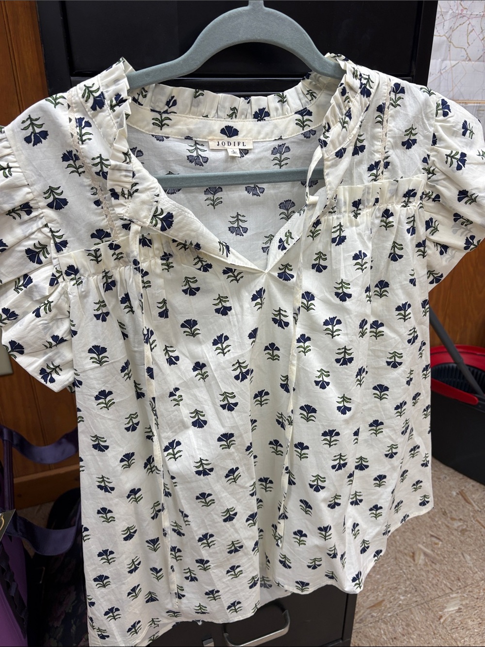 JODIFL Cream Blouse with Navy and Green Floral Print
